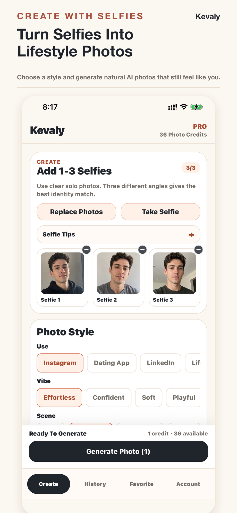 Kevaly iPhone app screen showing selfie upload and photo style controls